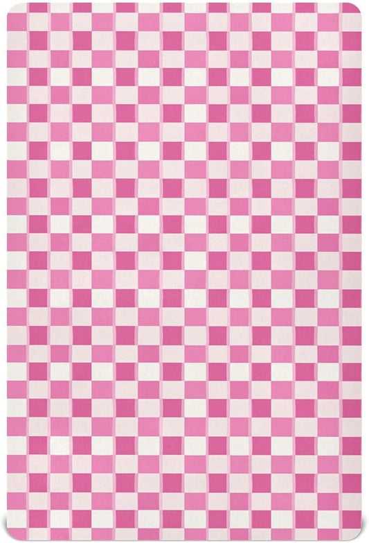 Pink Checkered Fitted Crib Sheets Stretchy Portable Playard Sheets for Baby Toddler, Breathable Soft Mini Crib Mattress 52 x 28 in for Boys and Girls