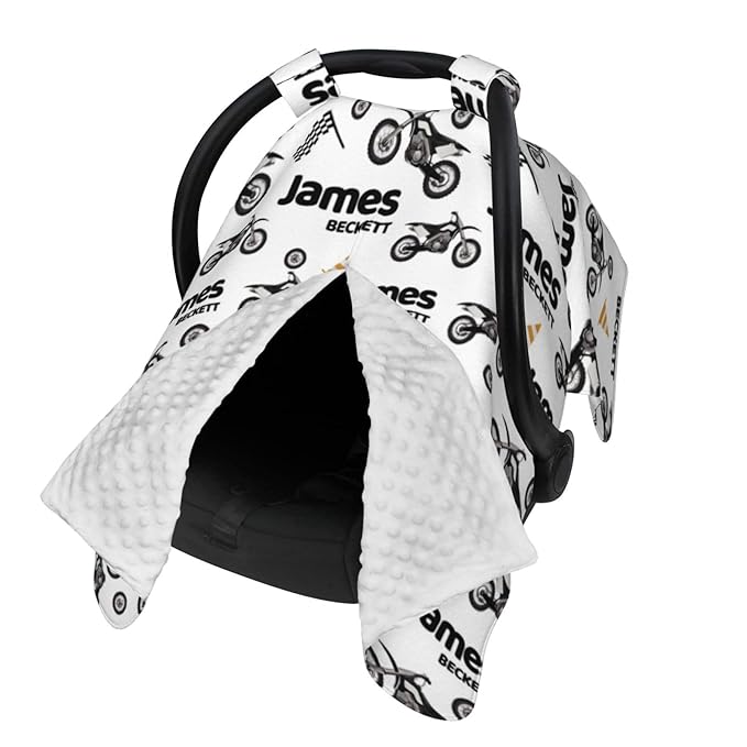 Personalized Baby Car Seat Canopy for Babies, Custom Name Dirt Bike Baby Car Seat Covers for Boys and Girls, Opening Minky Nursing Breastfeeding Cover for Infant, Carseat Canopies for Newborn