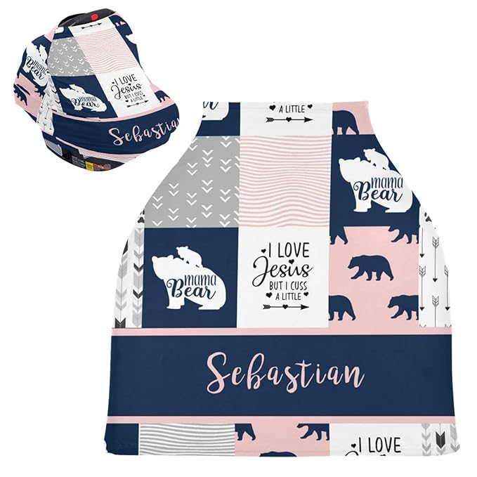 Personalized Baby Car Seat Cover for Girls Boys, Custom Woodland Bear Nursing Covers for Breastfeeding, Customized Infant Stroller Canopy, Baby Carseat Cover for Newborn, Car Seat Canopies