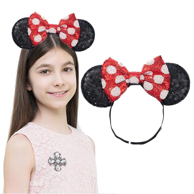 JIAHANG Adjustable Mouse Ears Sequin Bow Headband with Polka Dot, Party Festival Fashion Hair Band for Baby Girls Toddler, Kids Party Supplies