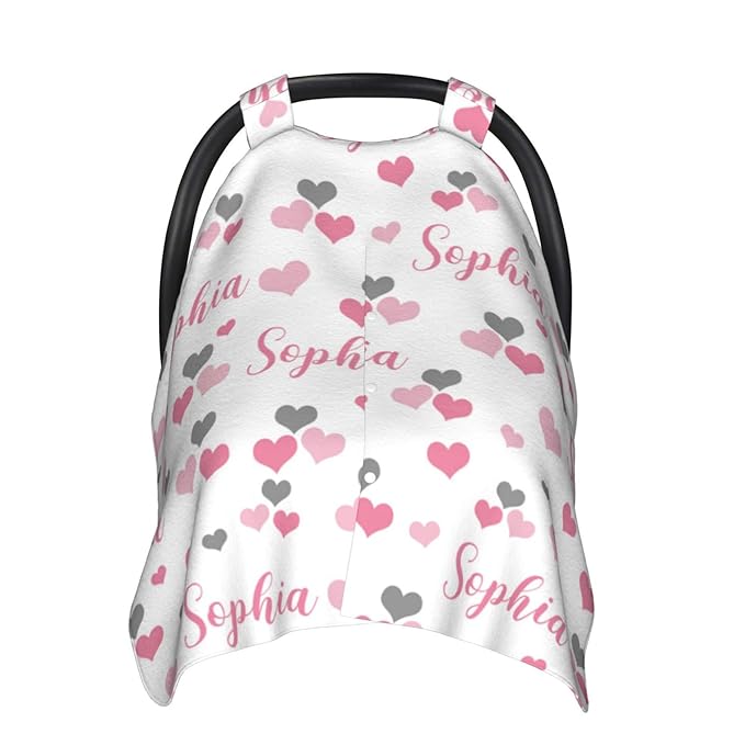 Personalized Baby Car Seat Canopy with Name, Hearts Infant Carseat Canopy, Nursing Breastfeeding Stroller Cover for Newborn Girls