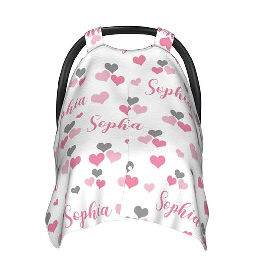 Personalized Baby Car Seat Canopy with Name, Hearts Infant Carseat Canopy, Nursing Breastfeeding Stroller Cover for Newborn Girls