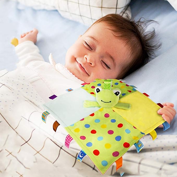 Inchant Baby Frog Security Blanket & Rattle Ball with Colorful Tags - Kids Infant Early Educatinal Plush Tag Toys, Green