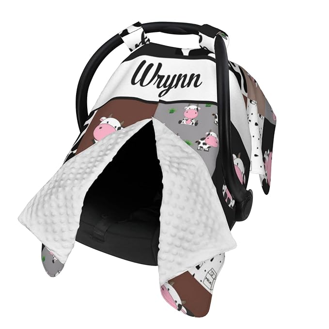 Personalized Baby Car Seat Canopy for Babies, Custom Name Car Seat Covers for Boys and Girls, Opening Minky Nursing Breastfeeding Cover for Infant, Carseat Canopies for Newborn (Cute Cow)