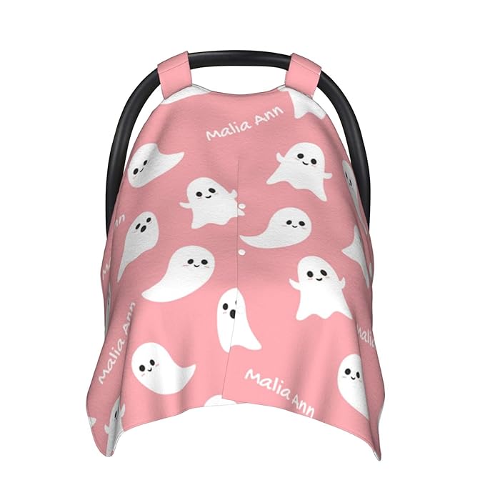 Personalized Baby Car Seat Canopy for Babies with Name, Custom Halloween Pink Ghost Stroller Car Seat Covers for Girls, Minky Nursing Carseat Cover for Breastfeeding, Car Seat Canopies for Newborn