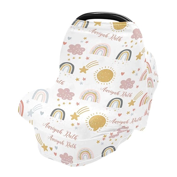 Personalized Baby Car Seat Cover for Girls, Custom Nursing Covers with Name, Colorful Rainbow, Universal Fit, Cotton, Linen, Water Resistant