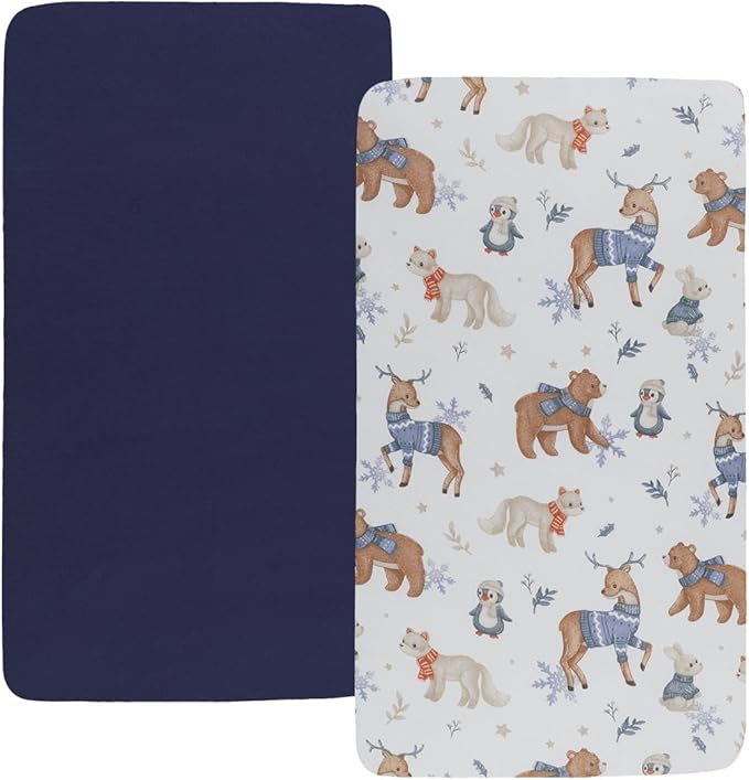 Pack n Play Sheet Stretchy Fitted Portable Mini Crib Sheets Set 2 Pack,Playard Sheets Convertible Playard Mattress Cover,Ultra Soft Jersey Material, Dark Blue & Bear Deer