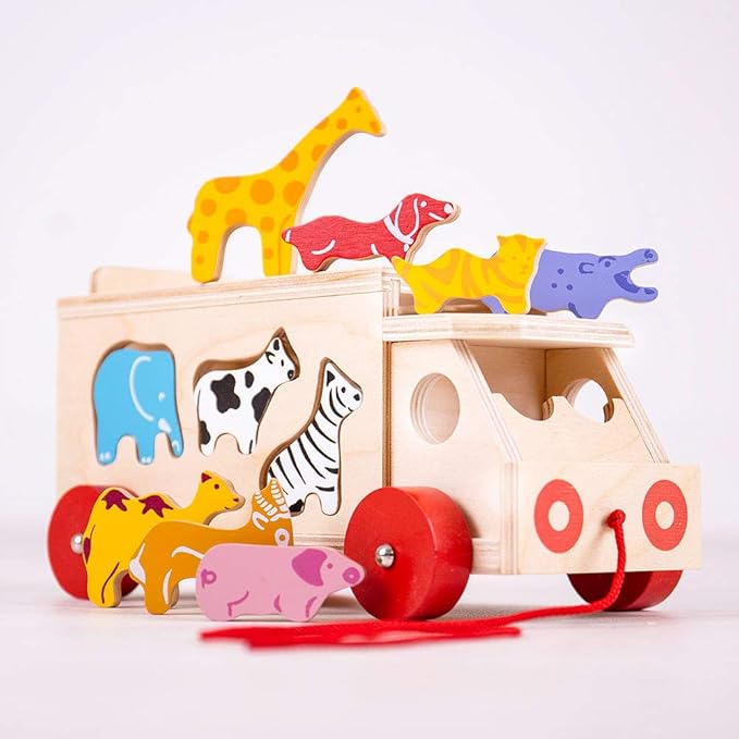 Bigjigs Toys, Animal Lorry Wooden Shape Sorter, Shape Sorters for 2 Year Olds, Pull Along Toy, Baby Wooden Toys