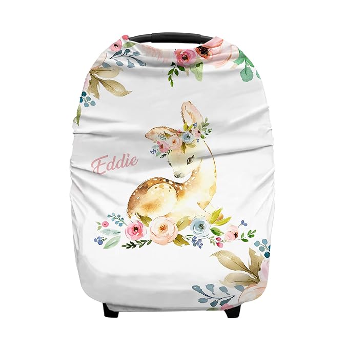 Personalized Baby Car Seat Covers with Name, Custom Nursing Cover Breastfeeding for Babies, Carseat Canopy for Girls and Boys, Infant Stroller Cover for Winter, Breathable Carseats Cover (Floral Deer)