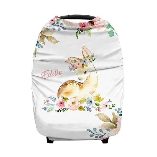 Personalized Baby Car Seat Covers with Name, Custom Nursing Cover Breastfeeding for Babies, Carseat Canopy for Girls and Boys, Infant Stroller Cover for Winter, Breathable Carseats Cover (Floral Deer)