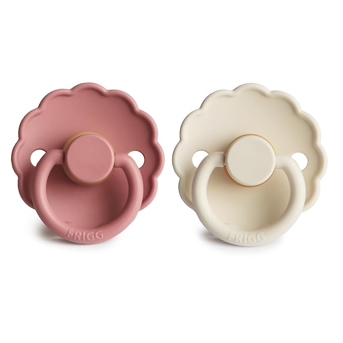 FRIGG Daisy Natural Rubber Baby Pacifier | Made in Denmark | BPA-Free (Powder Blush/Cream, 0-6 Months) 2-Pack