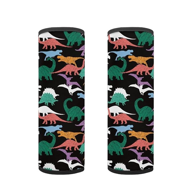 ENLACHIC Baby Car Seat Belt Cover, Cute Dinosaur Print Car Seat Shoulder Strap Pads, Infant Car Seat Cushion Safety Seatbelt Protector for Kids Boys Girls,Black Dinosaur