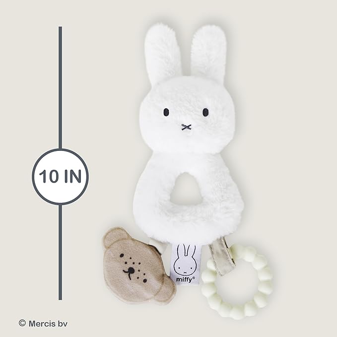Kids Preferred Miffy Baby Ring Rattle – Soft Plush Material, Crinkle, Rattle Toy with Bumpy Ring Teether, Embroidered Details, Ages 0 Months & up