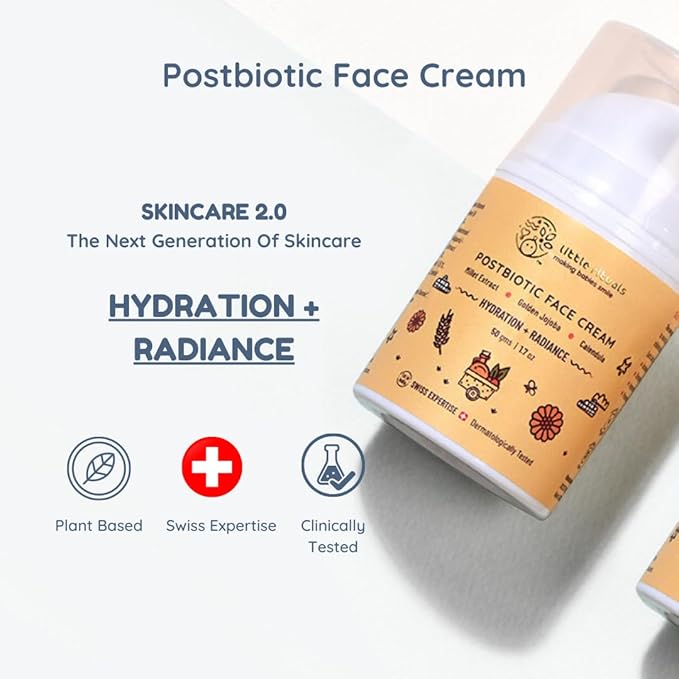 Little Rituals Baby and Kids Post-Biotic Face Cream Moisturiser - Hydration + Radiance, Formulated with Golden Millets, Jojoba, Calendula, Natural, Organic, Dermat Tested, Swiss Technology (50 gm)