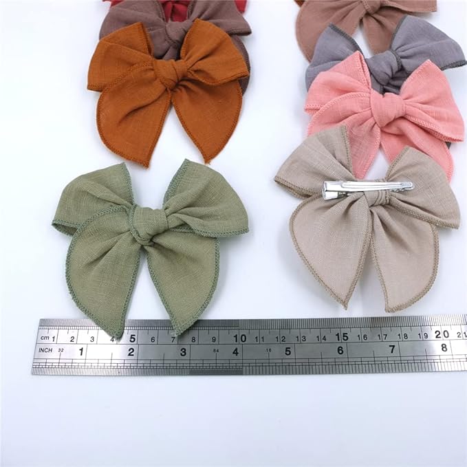 12 PCS Linen Bow Hair Clips for Baby Girls Hair Bows Alligator Clips Accessories Infants Toddler Kids Hairgrips (Linen Fable Bow 4'')