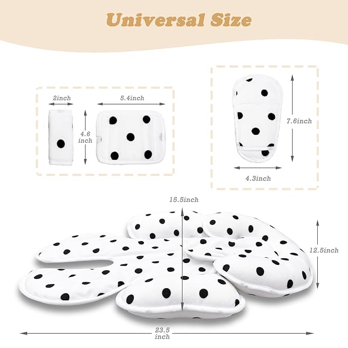 Infant Car Seat Insert, 2 in 1 Carseat Head Neck Pillow for Newborn, Breathable Baby Carriage Pad with Strap Covers, Fit Car Seat, Stroller, Bouncer, Polka Dot