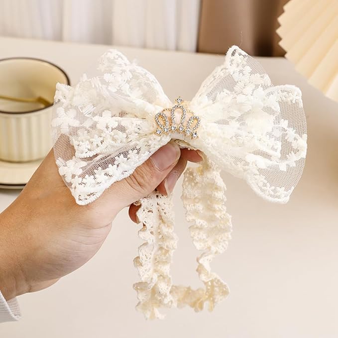 Cute Baby Girl Lace Headband Lace Bow Hair Accessories Elastic Bow Head Wrap for Newborn Infant Toddler Christening Baptism Party Hair Accessories for 0-36 Months (Ivory D, Free)