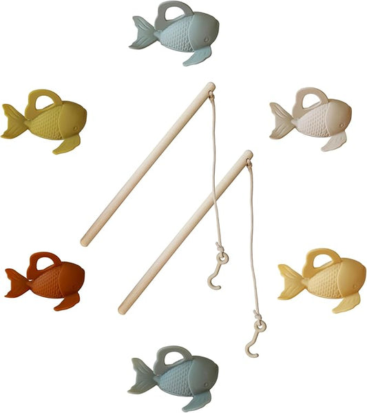 Marlowe & Co Silicone and Wooden Fishing Playset, Montessori Fine Motor Skills Fish Game for Children with Storage Bag