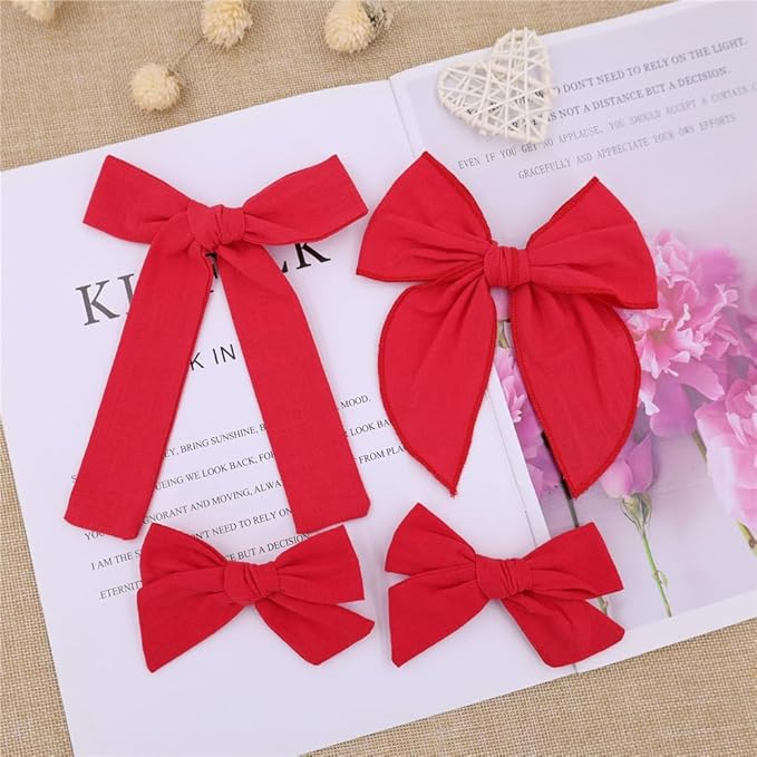 3 Styles Hair Bow Clips for Little Girls Toddler Baby Mom Women Hair Barrettes Accessories 4 Pcs Cotton Linen Bows Red