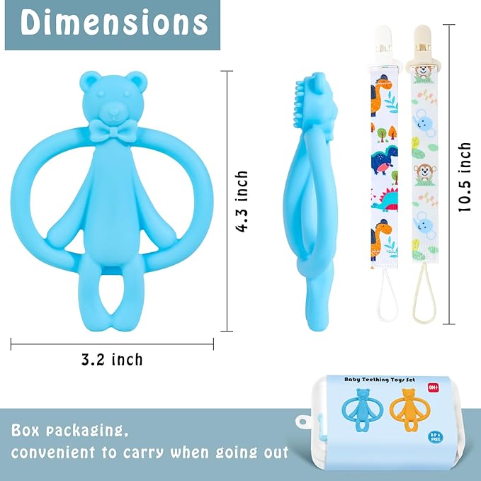 2 Pack Baby Teething Toys for 0-6 6-12 Months, Silicone Baby Bear Teether, Easy to Grip Teether for Babies Infants Boys Girls, BPA Free, Blue and Yellow