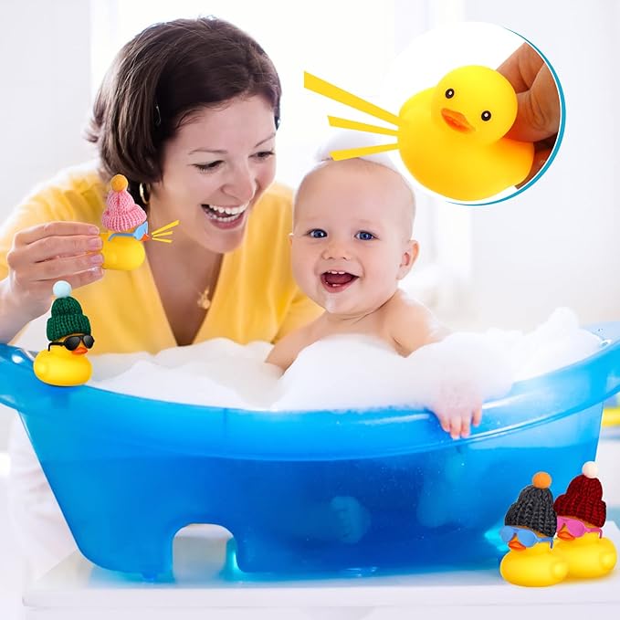 Chivao 12 Pcs Mini Rubber Ducks with Sunglasses/ Glasses and Hats/ Necklace, Cruise Rubber Ducks in Bulk Valentine Gift Small Bathtub Toy for Hiding Party Favor(Lovely Style,Yellow)
