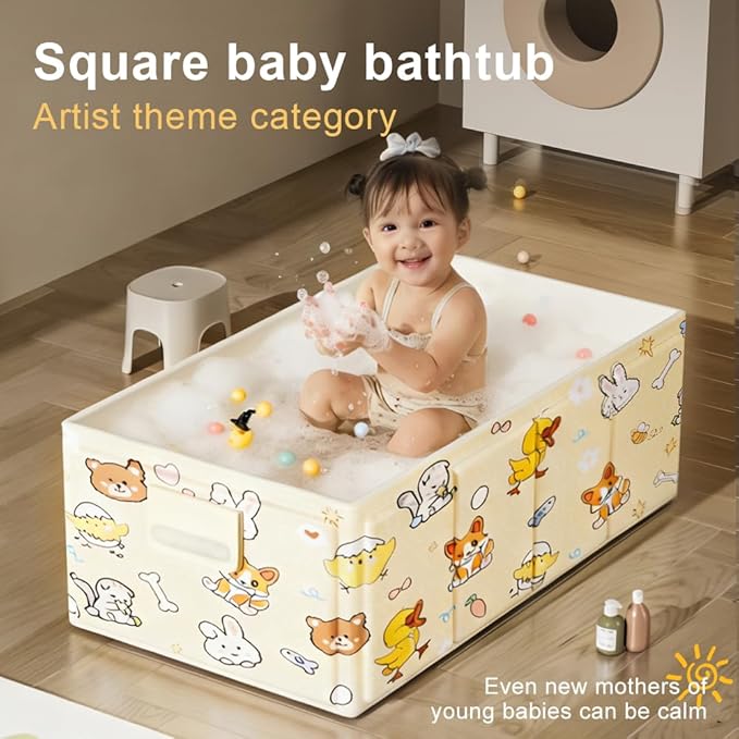 Foldable Baby Bathtub with Cute Animal Print, Portable Infant Bath Tub ，31.5x17.7x9.8 Inch Expanded (Yellow)