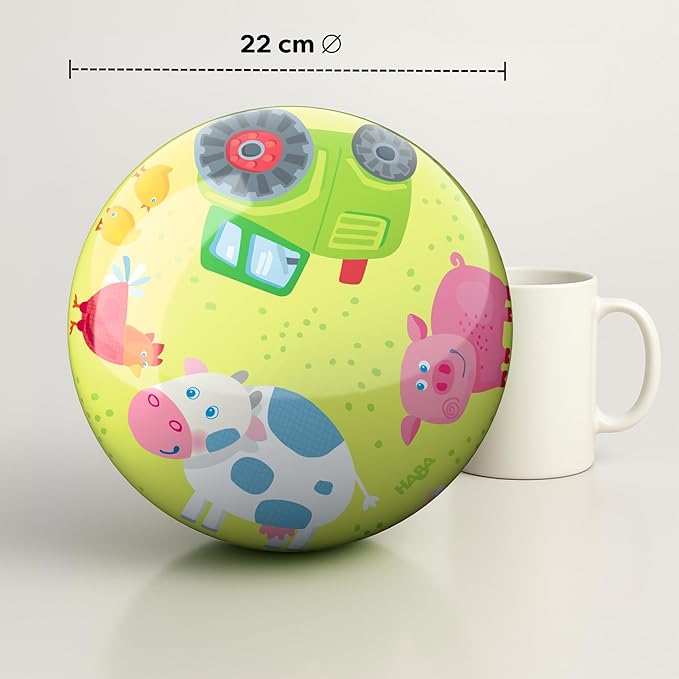 HABA Kids Farm Animals Ball - 22cm with Valve, Durable Plastic, Colourful Play Ball for Indoor & Outdoor Use 2 Years and Up - 2012745001