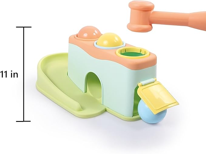 DOLU: Rolling Balls - Pound & Play Toy, Bench w/Exciting Roll Ramp, Hammer Mallet, 3 Balls, Soft Pastel Colors, Push & Grab, Kids & Toddlers 18mo+