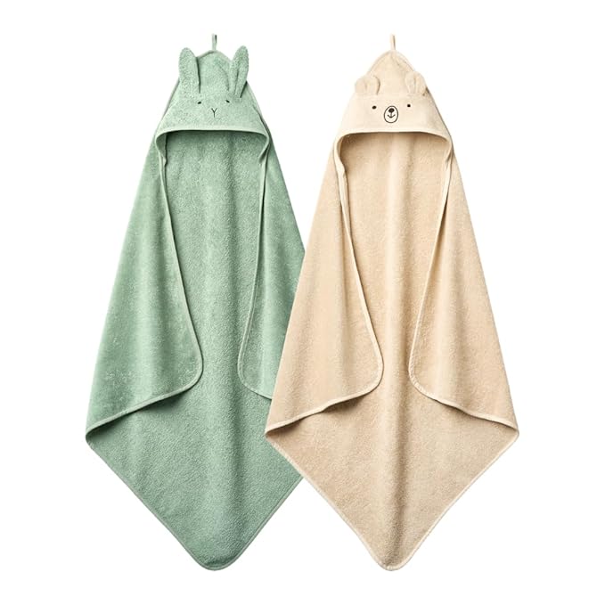 Hooded Baby Towels - Organic Cotton Baby Bath Towels, 32" x 32" Super-Soft and Absorbent Baby Towels for Newborn 2-Pack (TW Bear Fog/R. Roman Green)