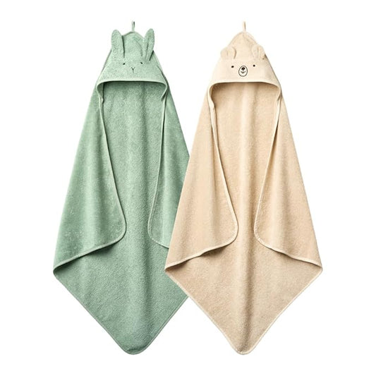 Hooded Baby Towels - Organic Cotton Baby Bath Towels, 32" x 32" Super-Soft and Absorbent Baby Towels for Newborn 2-Pack (TW Bear Fog/R. Roman Green)
