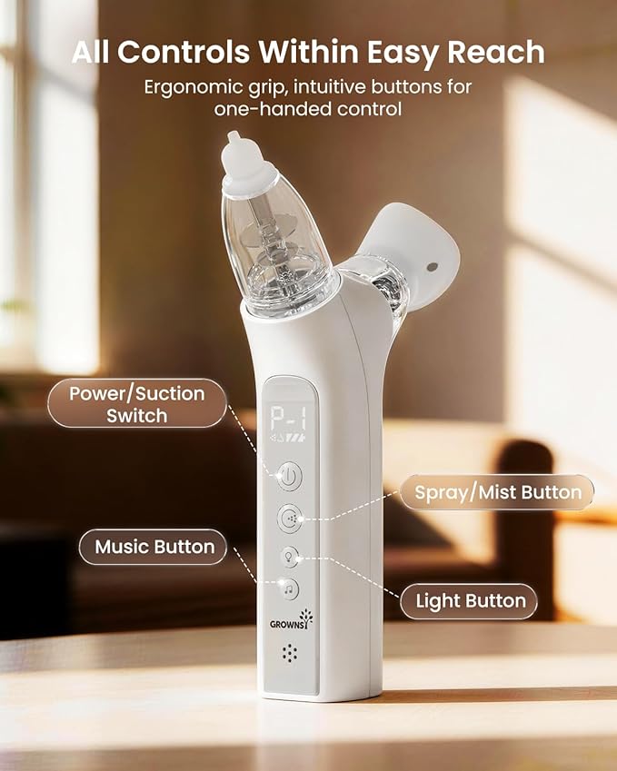 GROWNSY SniffEase Spa 3-in-1 Nasal Aspirator for Baby – Spray, Suction & Mist, Hospital-Grade Powerful Electric Nose Suction with Soothing Light & Music, Larger Chamber (Grey)
