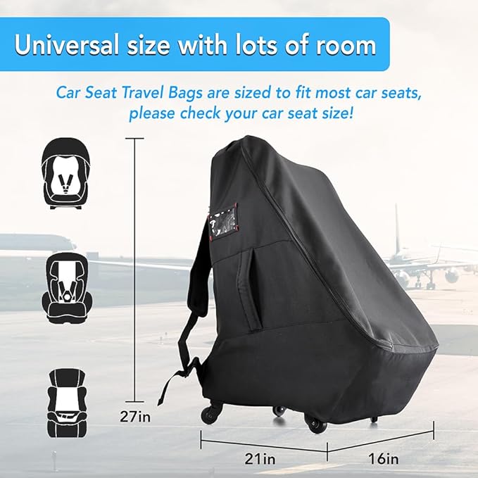 Car Seat Travel Bag With Wheels Car Seat Bag For Airplane Padded Adjustable Strap Car Seat Carrier Car Seat Travel Cover With Wheels (Black)