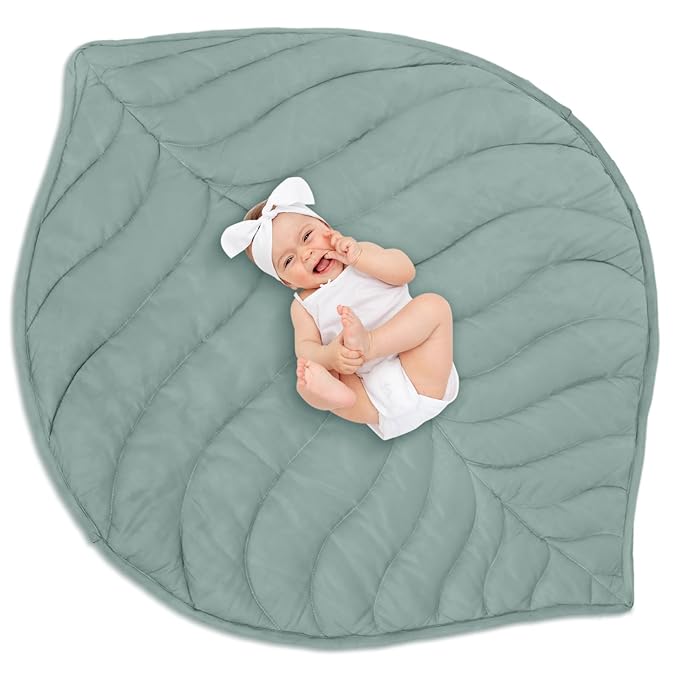 Funtery Baby Play Mat 56 x 42 Inch Cotton Crawling Cushion Cotton Nursery Rug Large Thick Soft Reversible Washable Folding Floor Playpen Mat Nursery Decor Rug for Girls Boys(Green,Leaf)