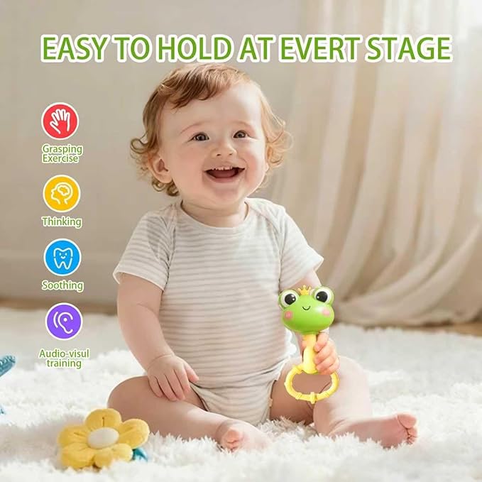 2 Pack Baby Rattles 0-12 Months, Montessori Sensory Teething Toys, Fully Boilable Silicone Maracas Shaker, Fine Motor Skills, Frog & Chick Newborn Gift