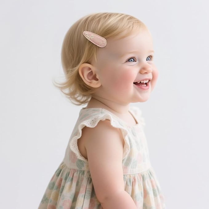 5Pcs Baby Hair Clips for Girls Toddler, 4 Snap Clips + 1 Fully Wrapped Alligator Clip, Soft Gradient Pink Floral Set with Handmade Embroidery & Faux Pearl, Non-Slip Safe Hair Barrettes for Infants