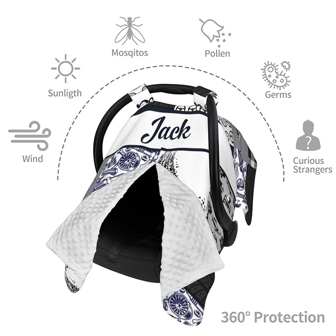 Personalized Baby Car Seat Canopy for Babies, Custom Name Car Seat Covers for Baby Boy, Opening Minky Nursing Breastfeeding Cover for Infant, Carseat Canopies for Newborn (Car Blue)