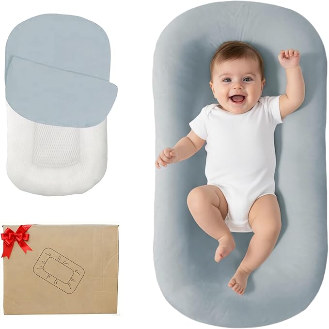 Lucakuins Infant Support Cushion, 0-24 Months Newborn Baby Support Cushion with Cover, Portable Playing Time Mat for Home and Travel, Soft Cotton, Supervised Use, Baby Essentials Gift (Grayish Blue)
