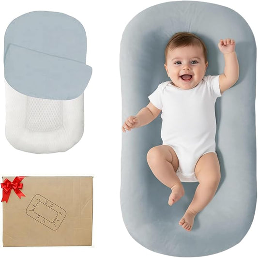Lucakuins Infant Support Cushion, 0-24 Months Newborn Baby Support Cushion with Cover, Portable Playing Time Mat for Home and Travel, Soft Cotton, Supervised Use, Baby Essentials Gift (Grayish Blue)