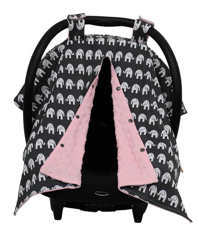 Dear Baby Gear Car Seat Canopy - Infant Car Seat Cover for Maximum Protection and Style - Soft and Breathable - Carseat Canopies for Boys and Girls - Elephants on Gray/Pink Dot - 40"x30"