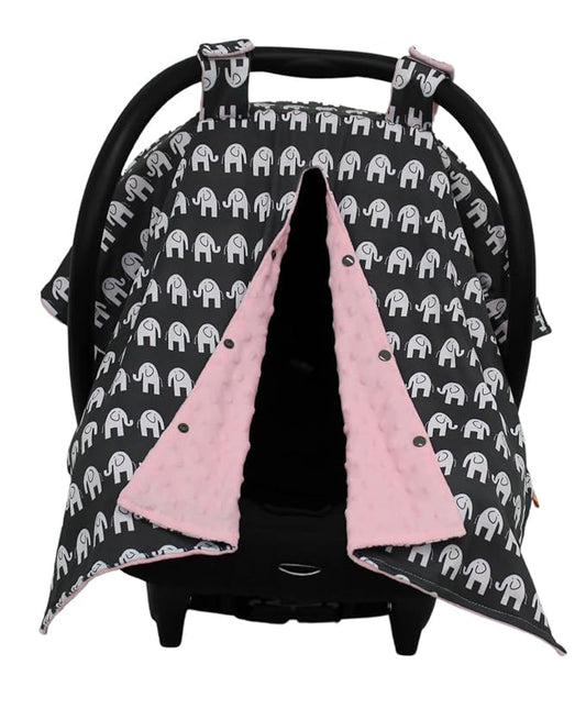 Dear Baby Gear Car Seat Canopy - Infant Car Seat Cover for Maximum Protection and Style - Soft and Breathable - Carseat Canopies for Boys and Girls - Elephants on Gray/Pink Dot - 40"x30"