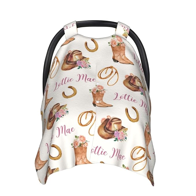 Personalized Cowgirl Baby Car Seat Canopy for Girls – Custom Name Minky Nursing Cover, Infant Carseat Canopy, Opening Breastfeeding Stroller Cover for Newborn Baby Gift