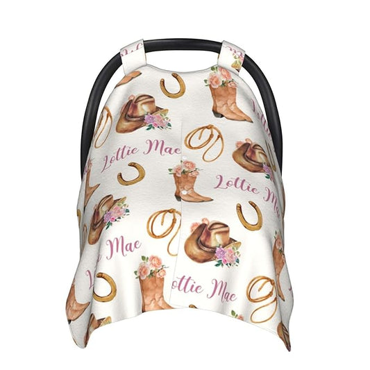 Personalized Cowgirl Baby Car Seat Canopy for Girls – Custom Name Minky Nursing Cover, Infant Carseat Canopy, Opening Breastfeeding Stroller Cover for Newborn Baby Gift