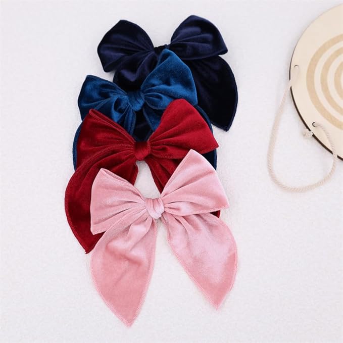 Pack of 4 Large Velvet Fable Bow Hair Clips for Kids Toddler Girl Mom Velvet Hair Bow Alligator Clips Baby Girls Women Hair Accessories (Pink/Navy)