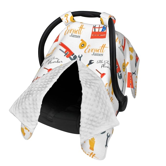 Personalized Baby Car Seat Canopy for Babies, Custom Name Baby Car Seats Covers for Boys Girls, Opening Minky Nursing Breastfeeding Cover for Infant Newborn, Carseat Canopies (Future Plumbers)