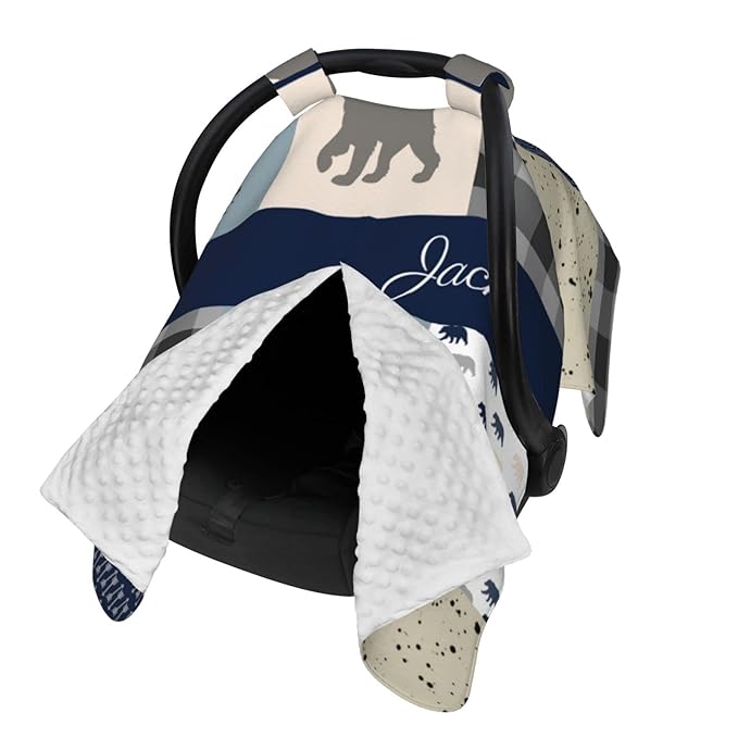 Personalized Woodland Bear Baby Car Seat Canopy for Babies with Name, Custom Blue Baby Car Seat Covers for Boys, Opening Minky Nursing Breastfeeding Cover Infant Carseat Canopies for Newborn