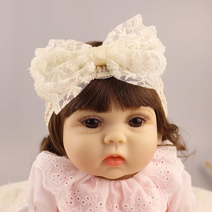 Lace Flower Bow-knot Baby Girls Headband Birthday Infant Wrap Elastic Baby Turban Hairband for Newborn Infant Toddler Kids (Ivory)