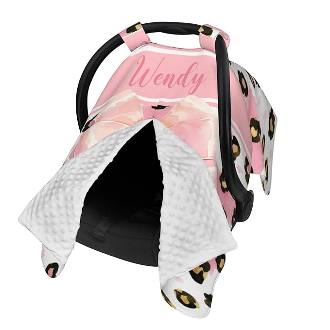 Personalized Baby Car Seat Canopy with Name, Leopard Infant Car Seat Cover, Nursing & Breastfeeding Stroller Cover, Newborn Shower Gift for Baby Girls