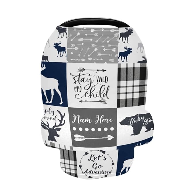 Personalized Baby Car Seat Cover for Boys Girls, Custom Nursing Covers for Breastfeeding with Name, Infant Stroller Cover, Baby Carseat Canopy for Newborn, Multiuse Car Seat Canopies, Woodland Bear