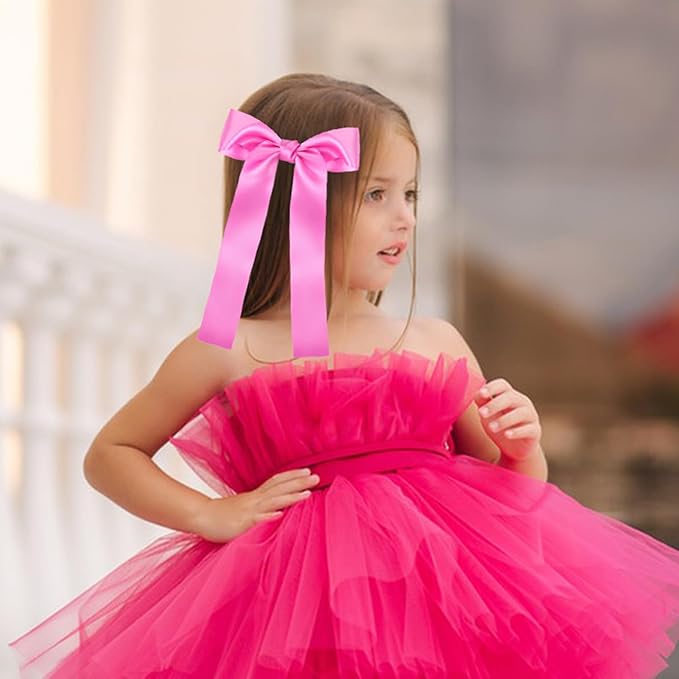 2-Pack Long Satin Ribbon Hair Bows for Girls – Elegant Silk Hair Clips for Toddlers, Infants, Teens & Kids - Hot Pink