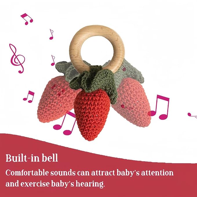 Wooden Baby Rattle Toys Stuffed Crochet Rattle with Teether Ring for Newborn Babies Fruit Wooden Teether Toy Infant Toddler Handcrafted Crochet Rattles Cute Shower Gifts for Boy and Girls
